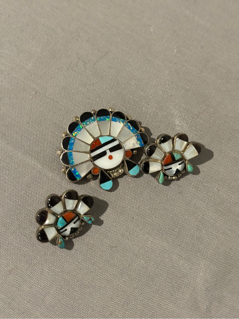 Sterling Silver Multicolor Inlay Sunface Brooch and Earring Set Signed J&M Zuni